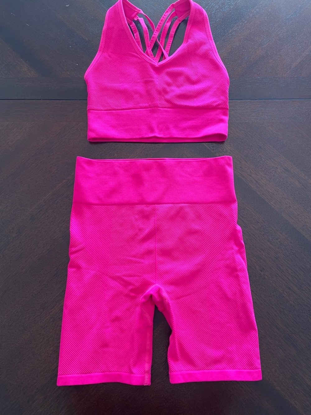 New Balance Vibrant Pink Ribbed Sports Bra and High-Waist Biker Shorts